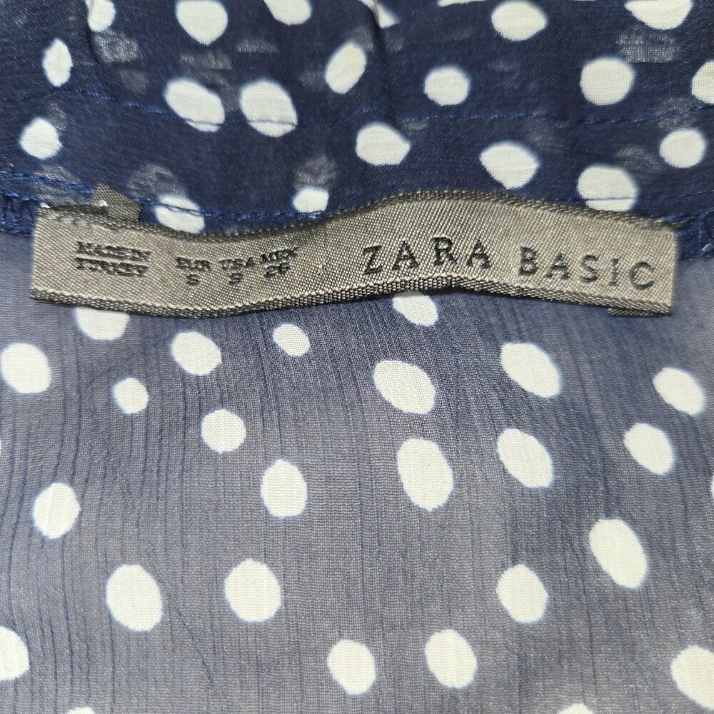 Y2K Zara Basic Dark Blue White Polka Dot Chiffon Seer Blouse S - Picture 5 of 9